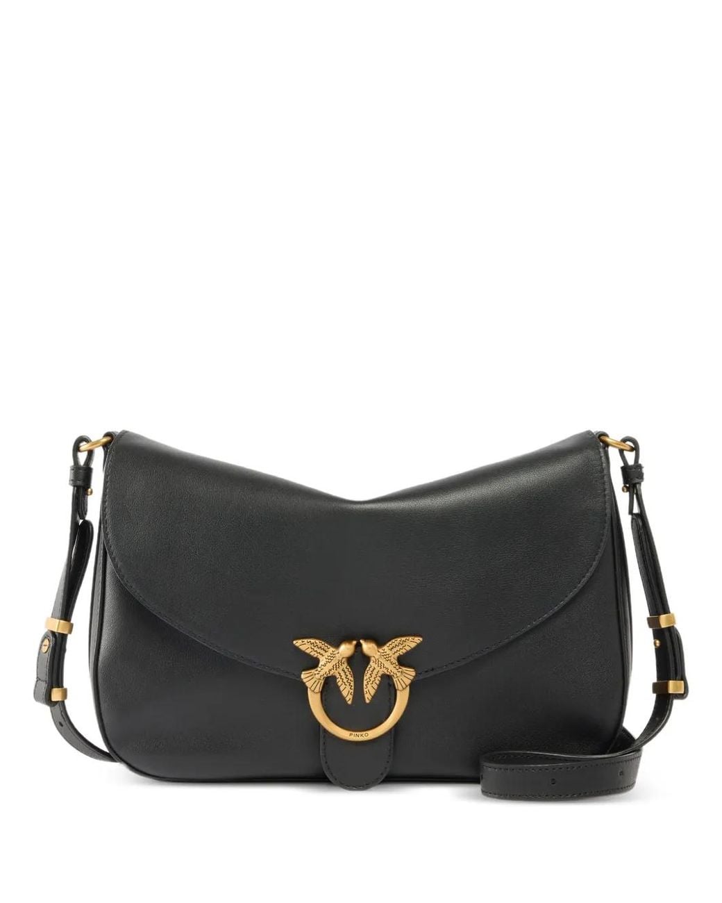 Pinko Black Medium Leather Bag With Love Birds Diamond Cut Buckle