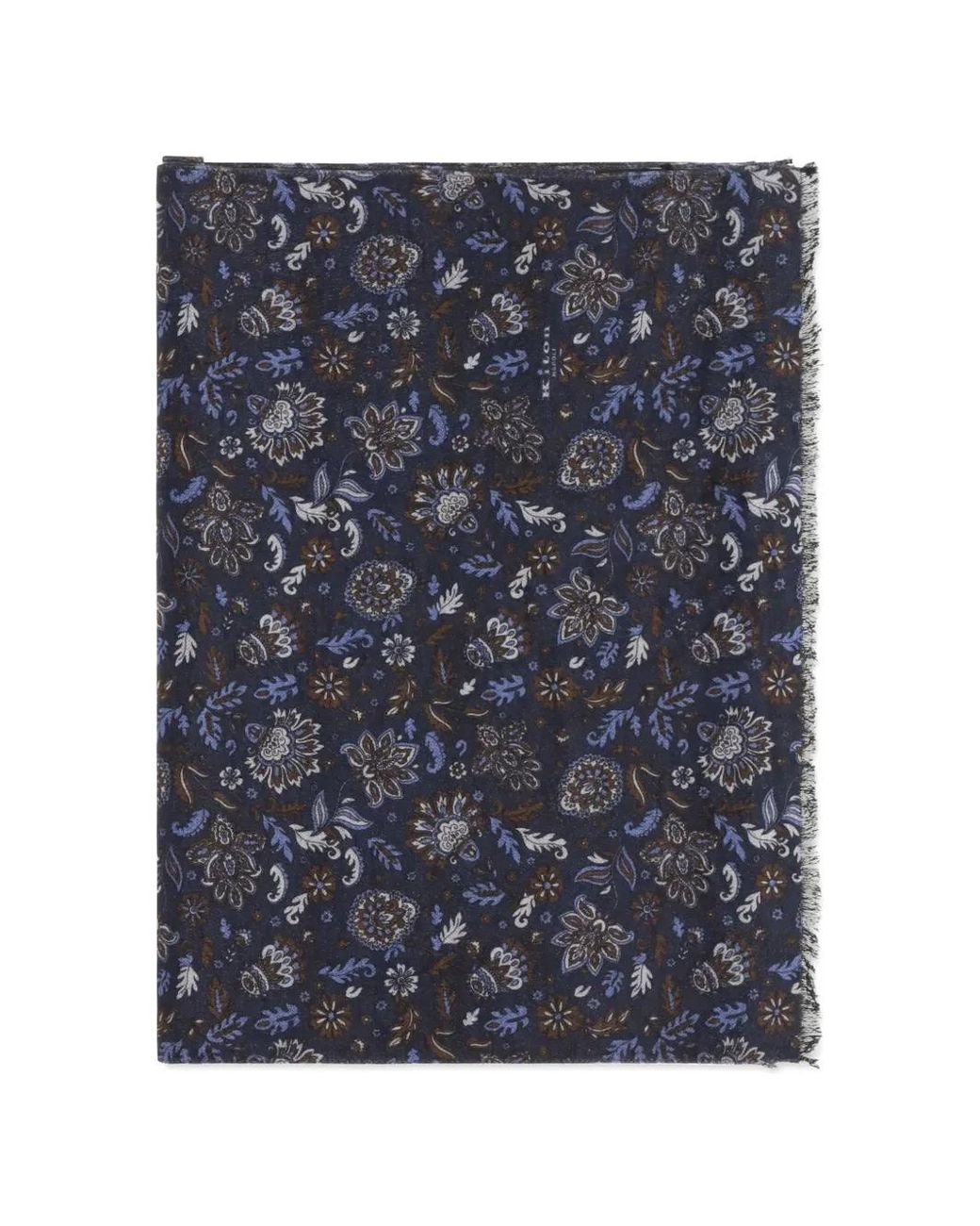 Kiton Blue Paisley Floral-Print Frayed Scarf for men