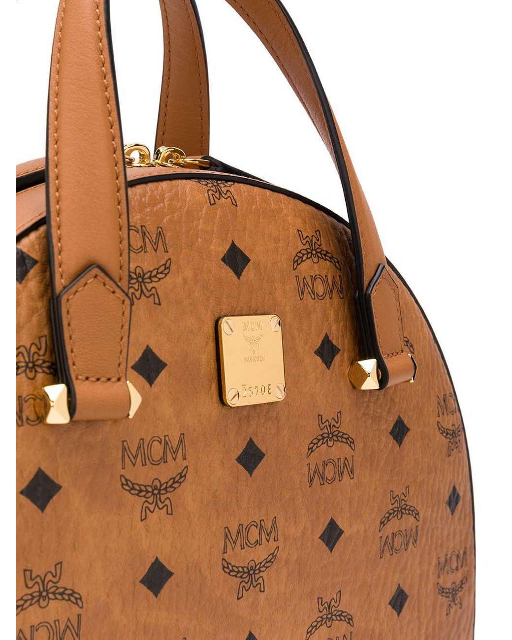 Mcm Half Moon Medium Visetos Canvas Tote Bag Cognac