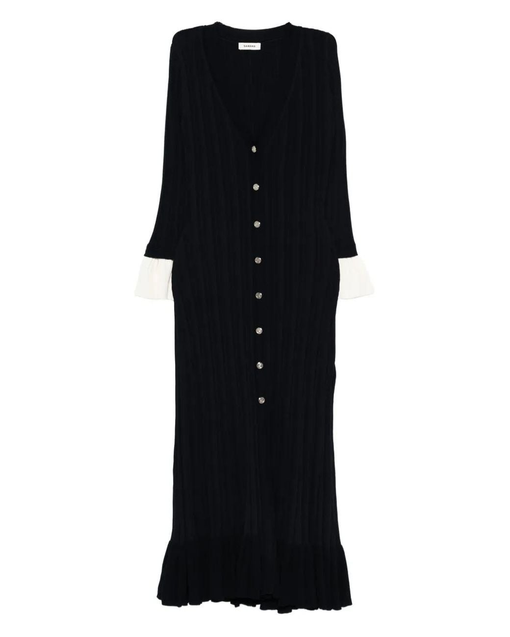 Sandro Black Long Dress With Contrasting Ruffles