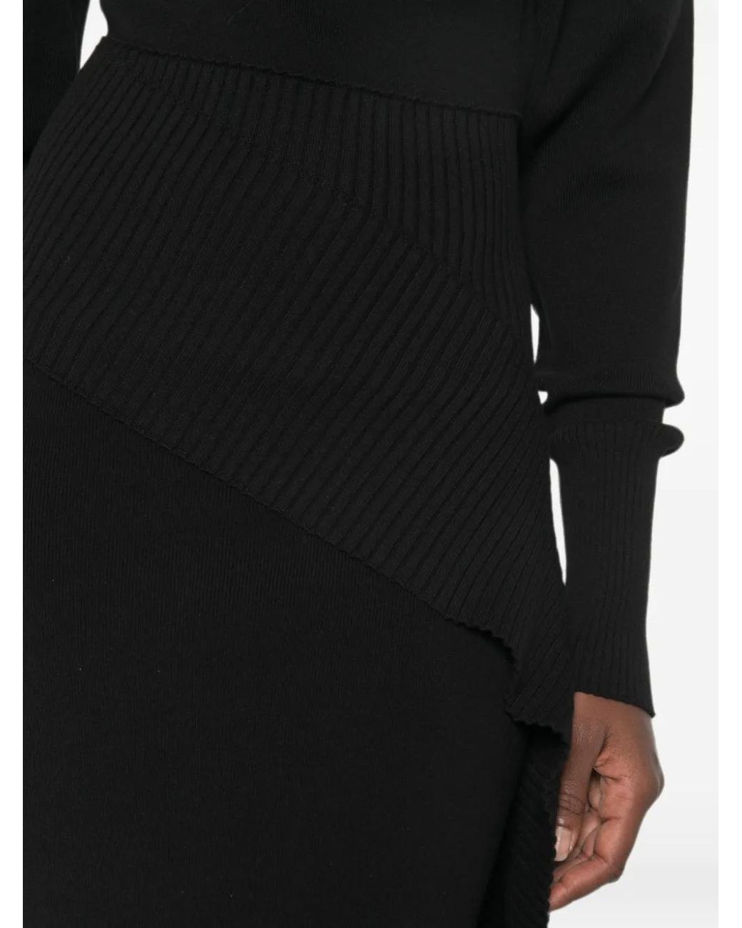 Lanvin Black Asymmetrical Ribbed Knit Midi Dress