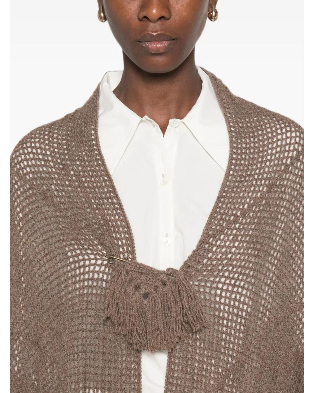 Chiara Is Brown Fringed-Hem Crochet-Knit Cape