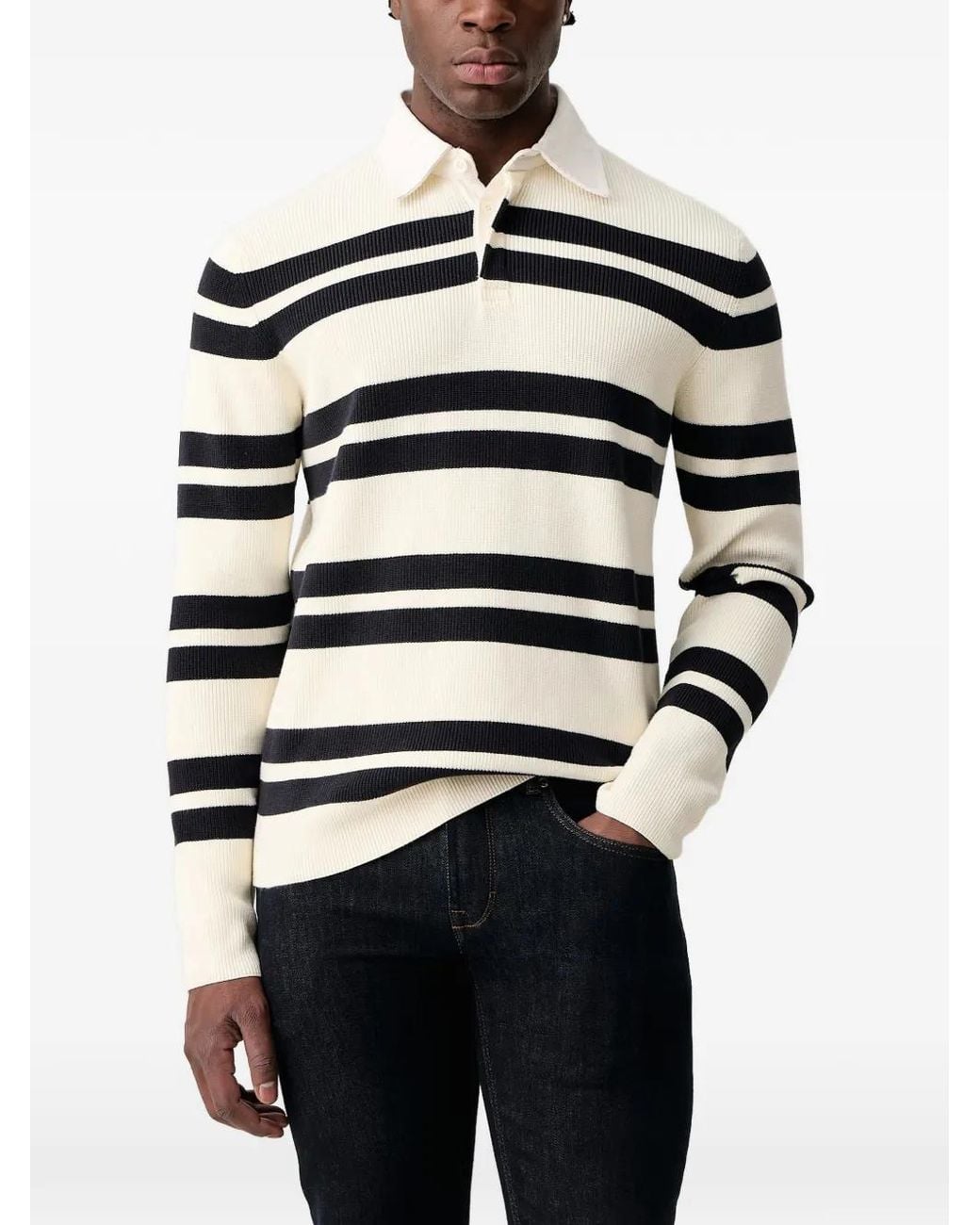 Lindbergh Blue Striped Ribbed-Knit Rugby Polo Shirt for men