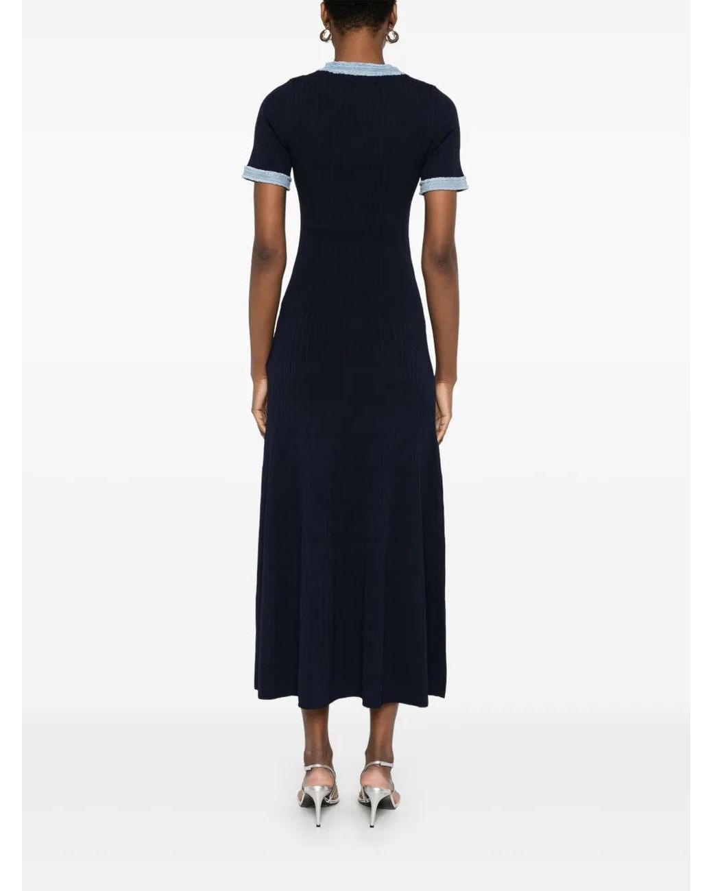 Sandro Denim-Trim Knitted Maxi Dress in Blue | Lyst