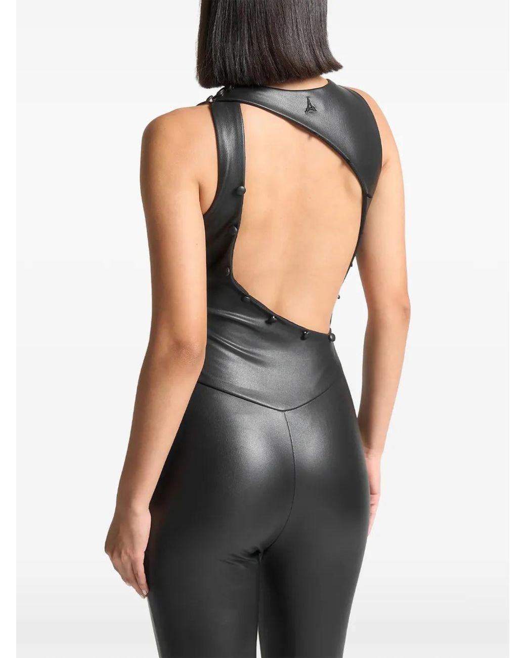 Manière De Voir Black Leather Cut Out Button Detail Jumpsuit