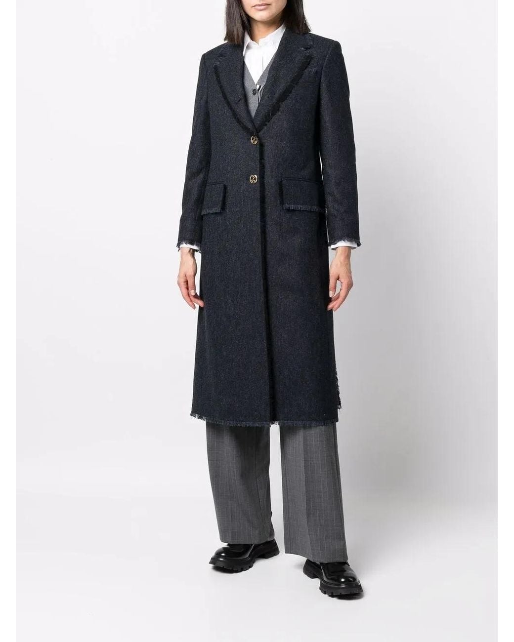 Thom Browne Black Donegal Tweed Wide Lapel Overcoat