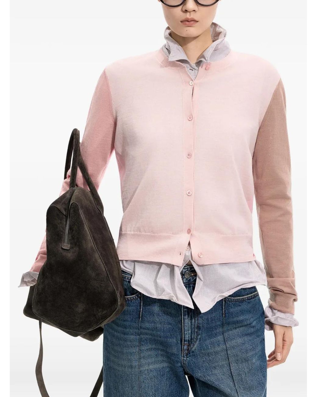 JNBY Pink Colour-Block Wool Cardigan