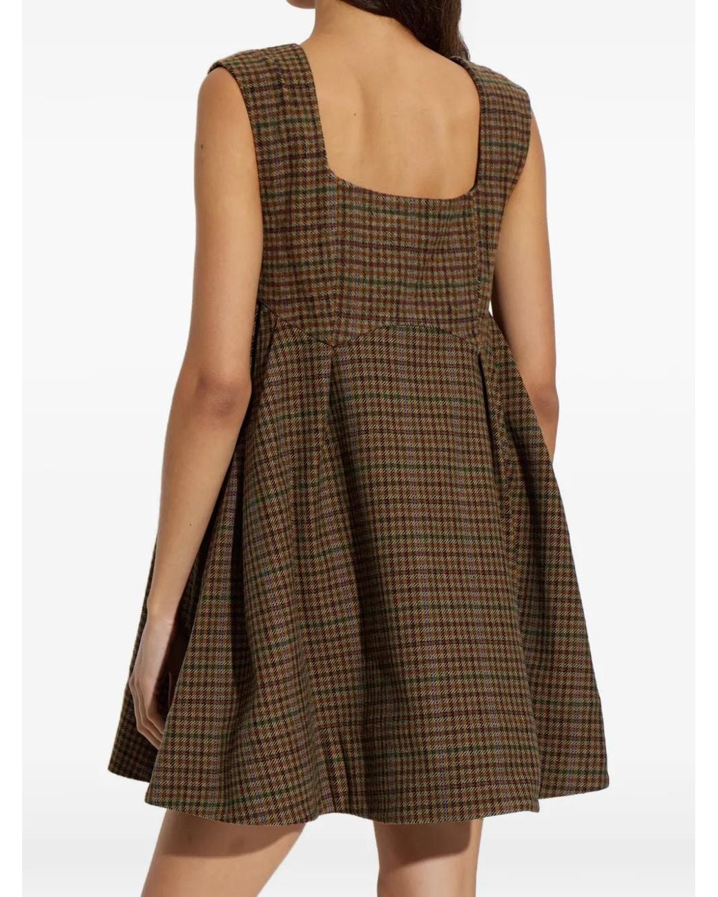 Ganni Brown Plaid-Pattern Sleeveless Mini Dress