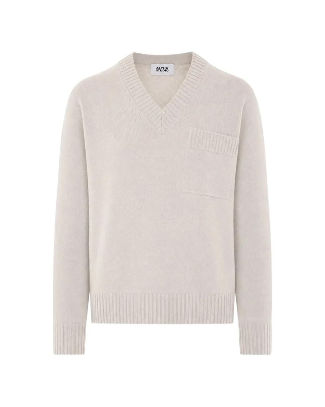 Alpha Studio White V-Neck Chest-Pocket Sweater for men