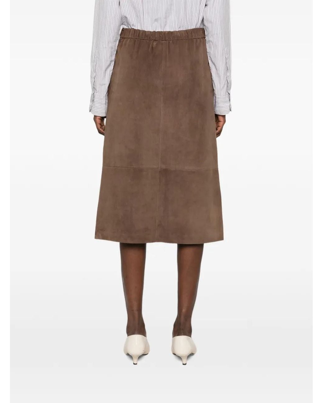 Max Mara Brown Drawstring Leather Midi Skirt