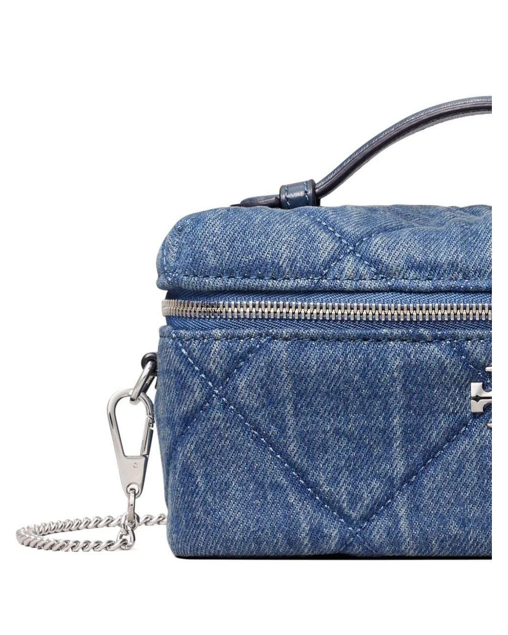 Tory Burch Blue Kira Diamond Quilt Denim Vanity Case
