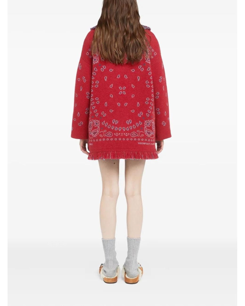 Alanui Red Bandana-Jacquard Fringe Cardigan
