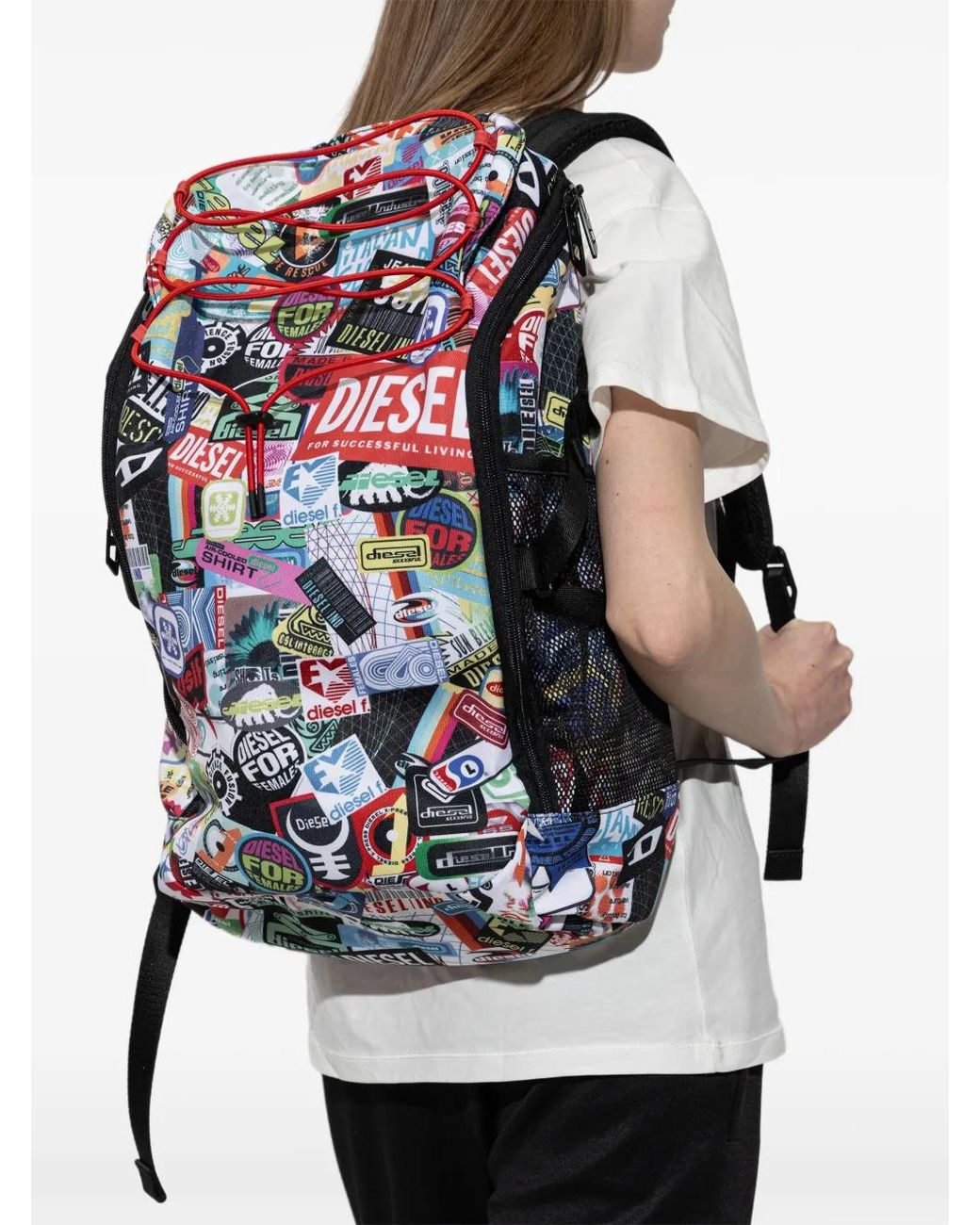 DIESEL White Logo-Patch Drawstring Backpack