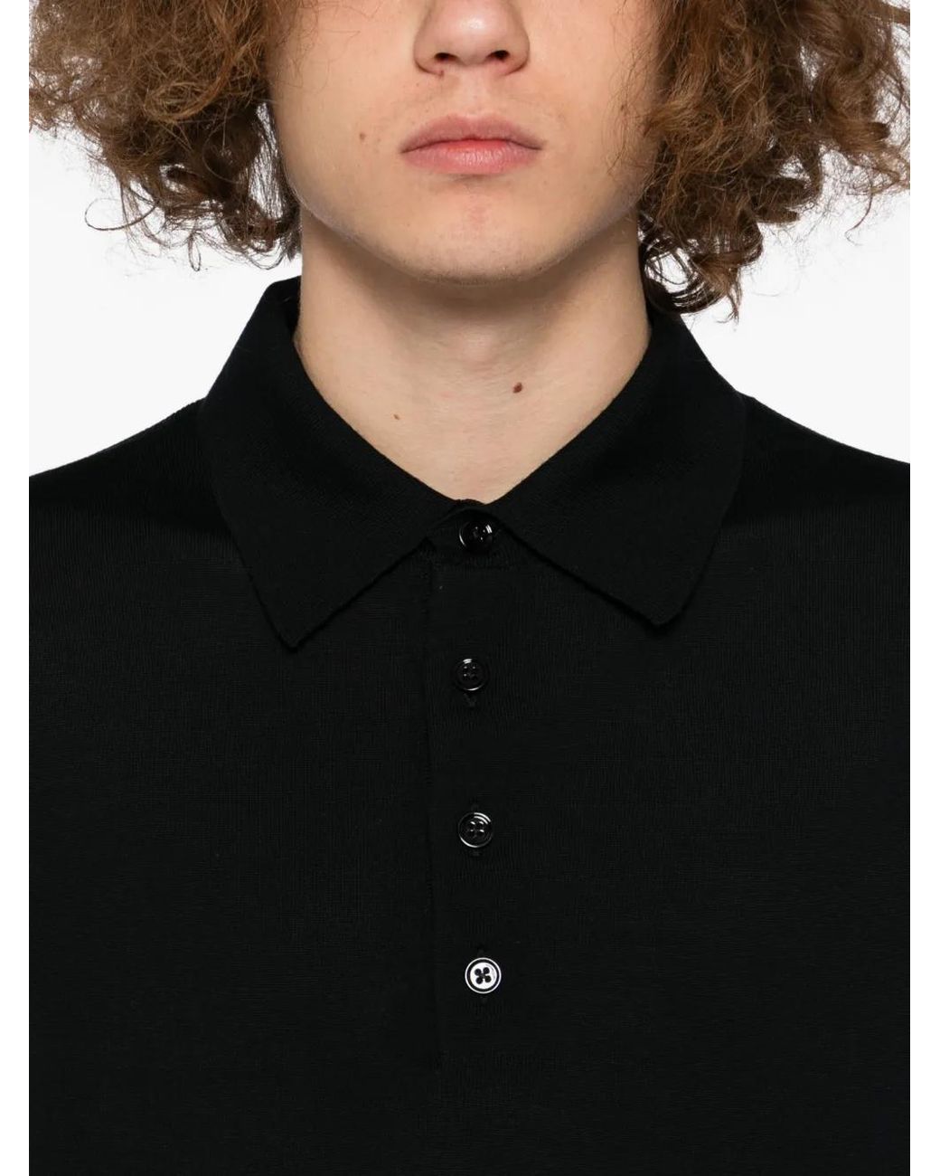Tom Ford Black Wool Knit Long-Sleeved Polo Shirt With Ribbed Trims for men