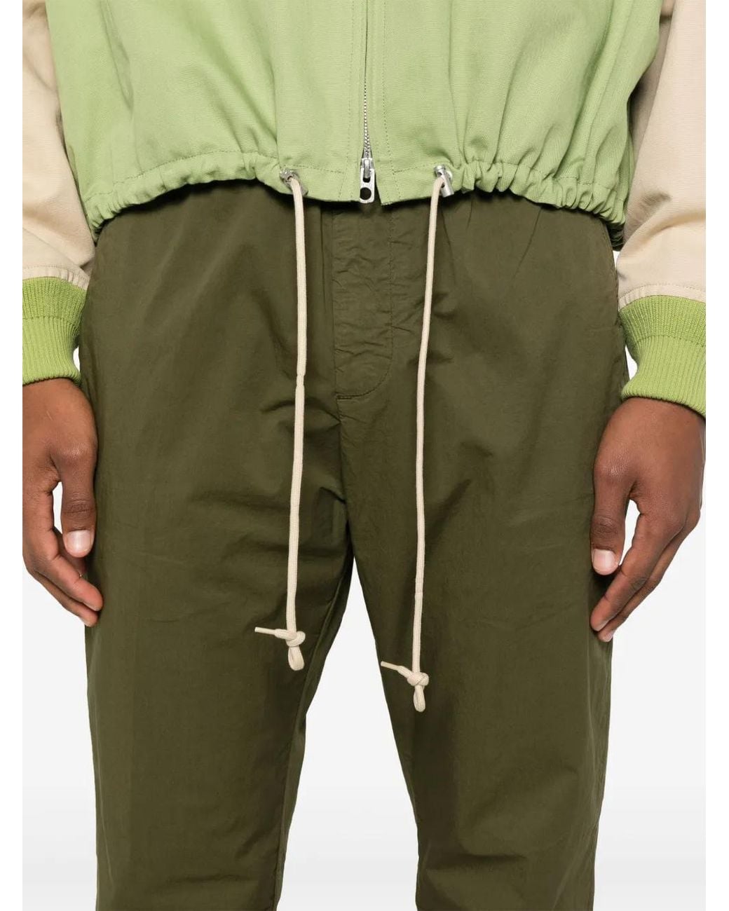 White Sand Green Belted Tapered Trousers for men