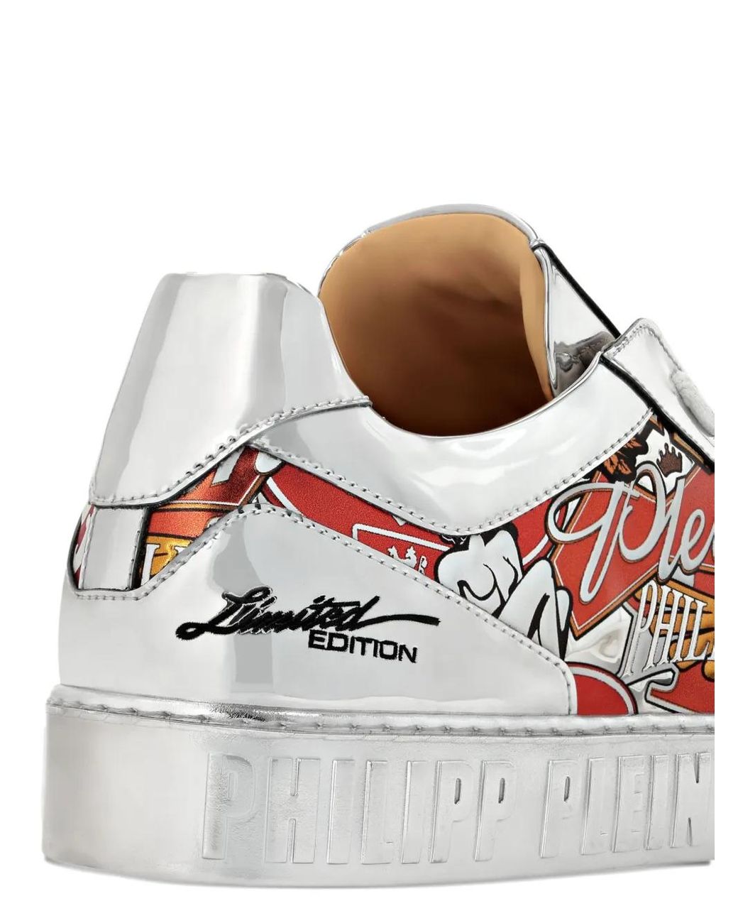 Philipp Plein White Metallic Leather Eagle-Print Sneakers