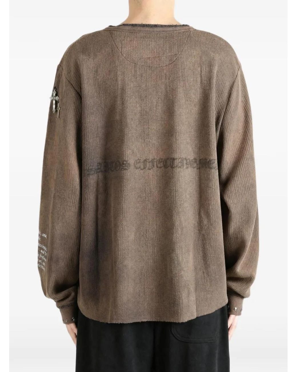 SAITOS Brown Public Image Distressed Long-Sleeve Henley T-Shirt