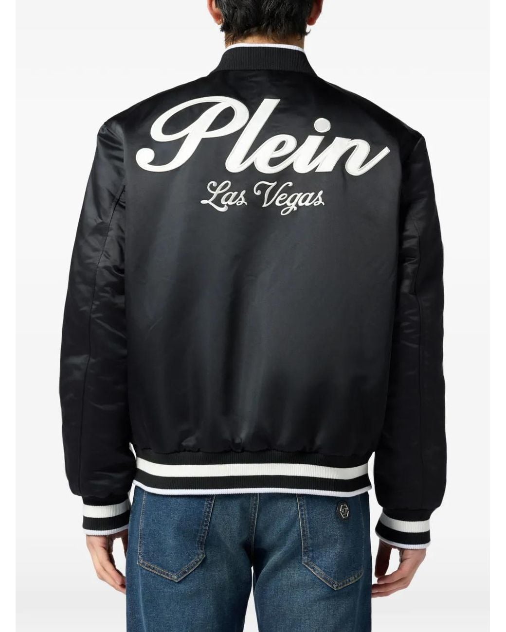 Philipp Plein Black Shiny Satin Varsity Bomber Signature Las Vegas for men