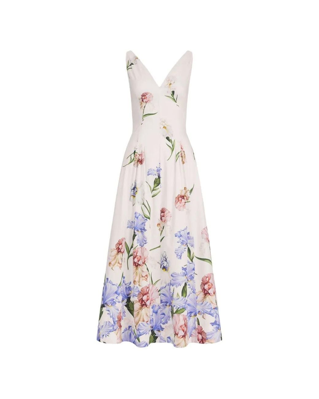 Oscar de la Renta White Sleeveless V Neck Large Iris Degrade Poplin Dress