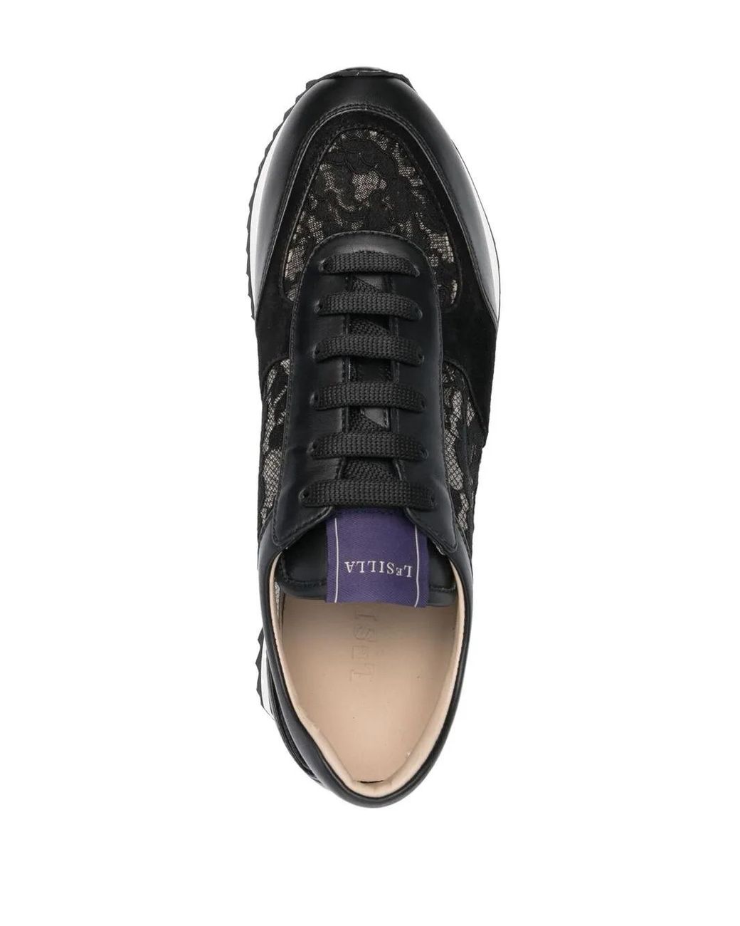 Le Silla Black Claire Lace-Embellished Leather Sneakers
