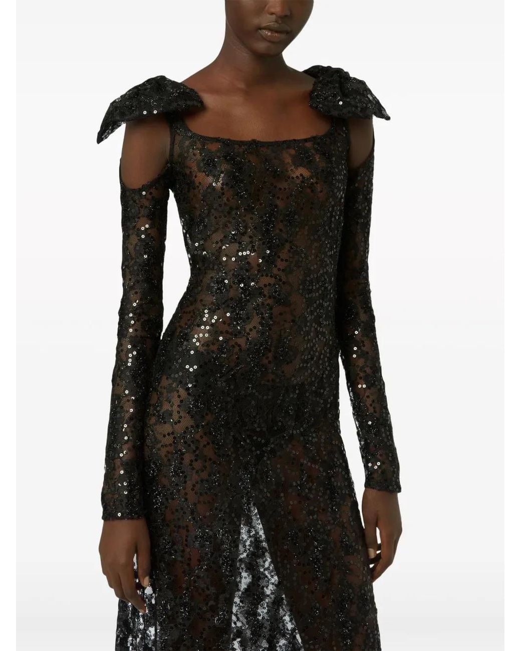 Nina Ricci Black Bow-Embellished Sequinned Lace Gown