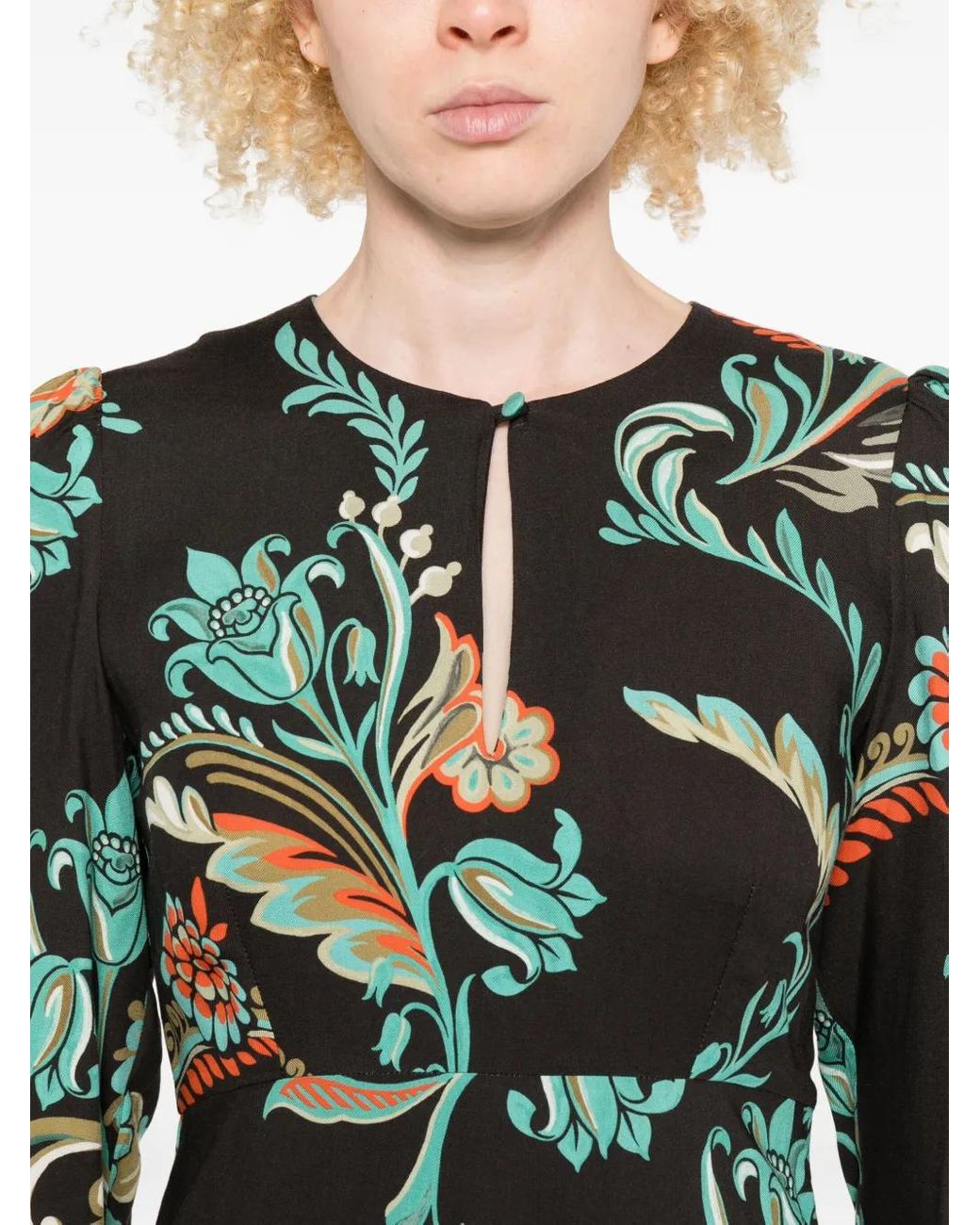 Etro Green Floral-Print Long-Sleeve Dress