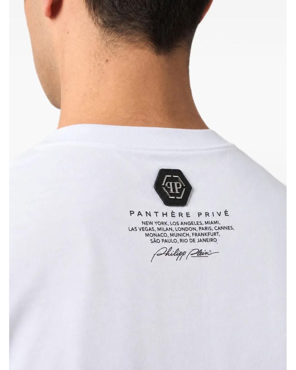 Philipp Plein White Round-Neck T-Shirt Panther Skull Stones for men