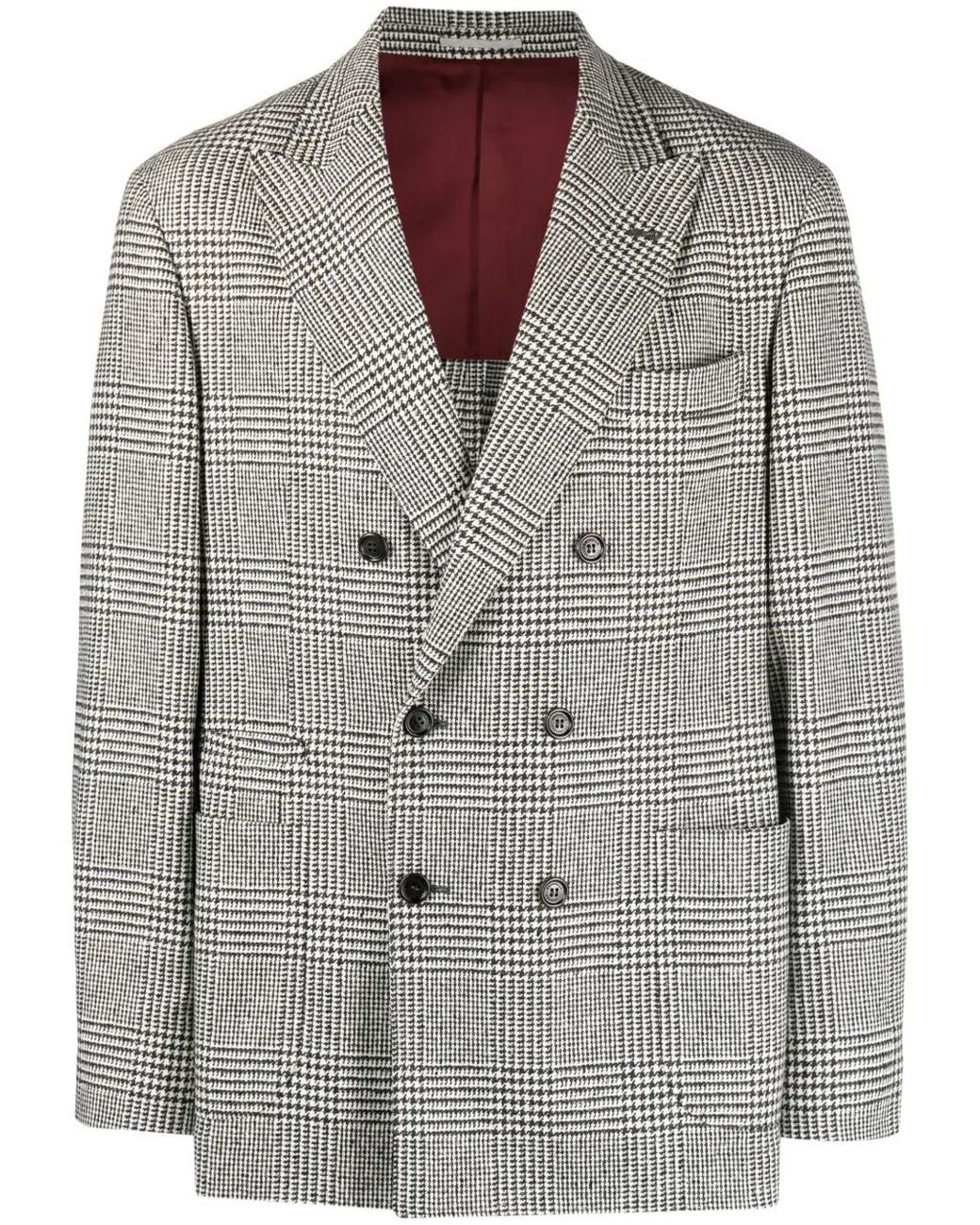 Brunello Cucinelli Gray Checked Double-Breasted Wool Blazer for men
