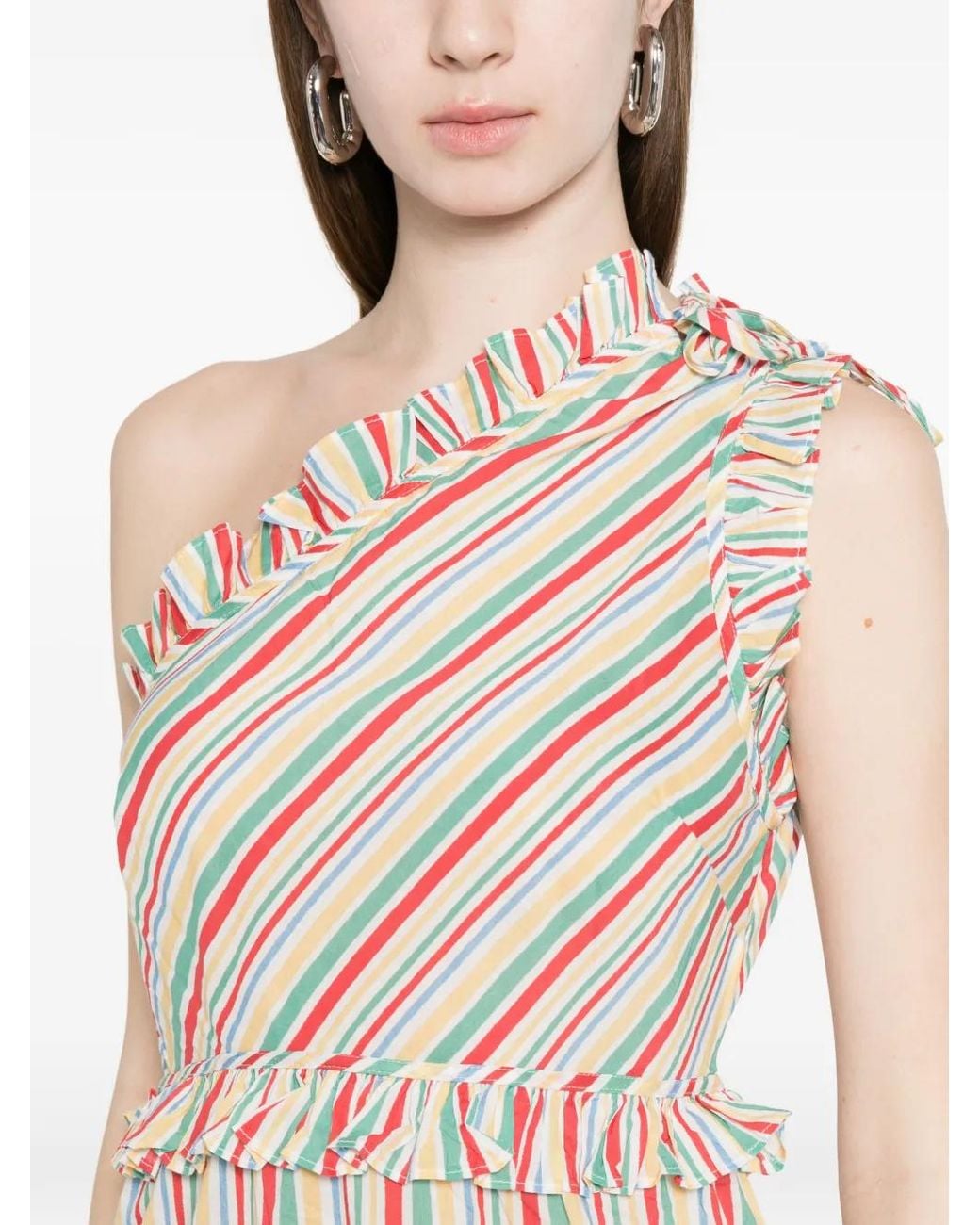 Rixo Pink Ruffled Striped One-Shoulder Dress