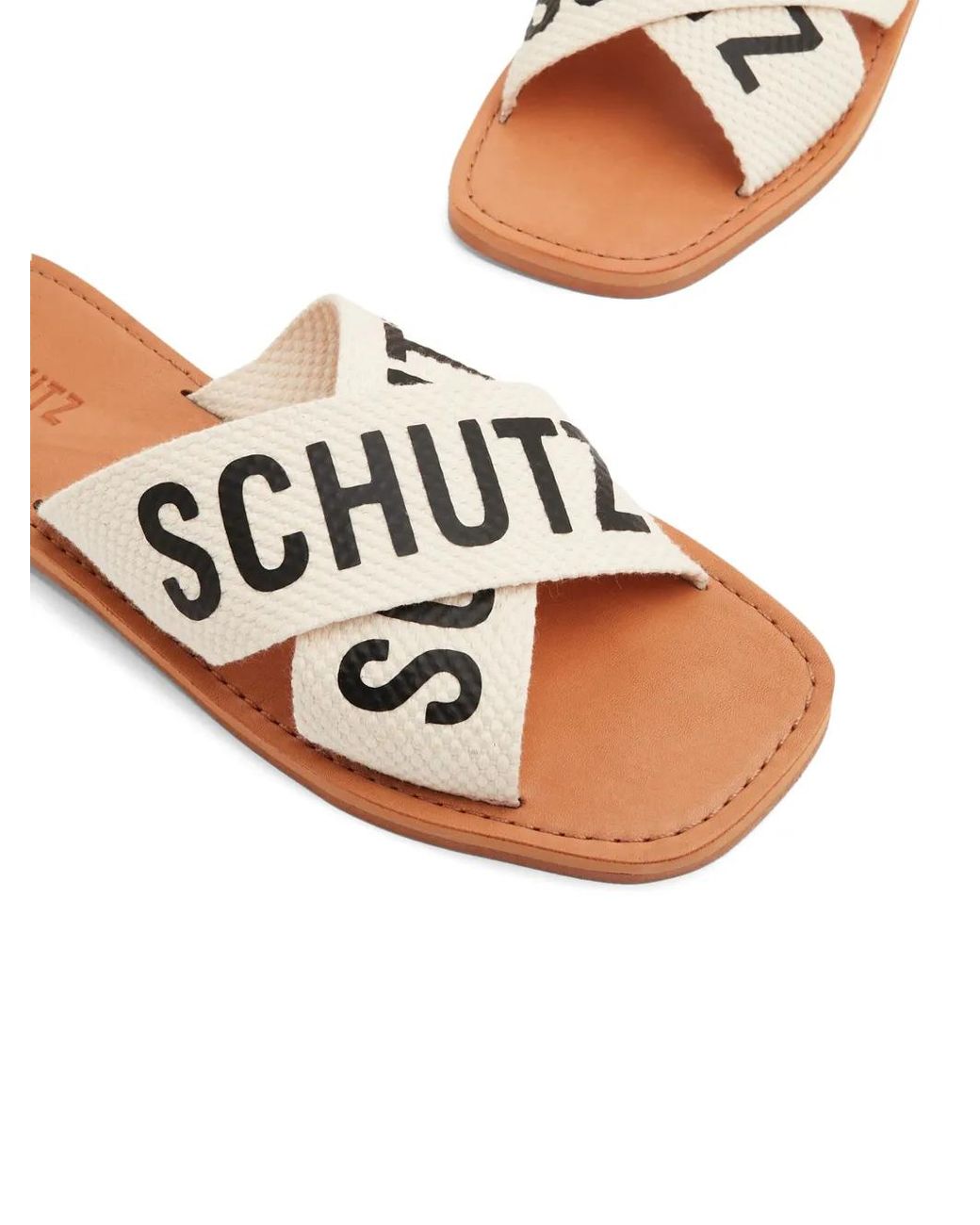 SCHUTZ SHOES Natural Logo-Print Straps Slides