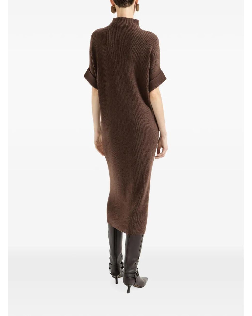 Brunello Cucinelli Brown Cashmere Rib-Knit Mock-Neck Dress