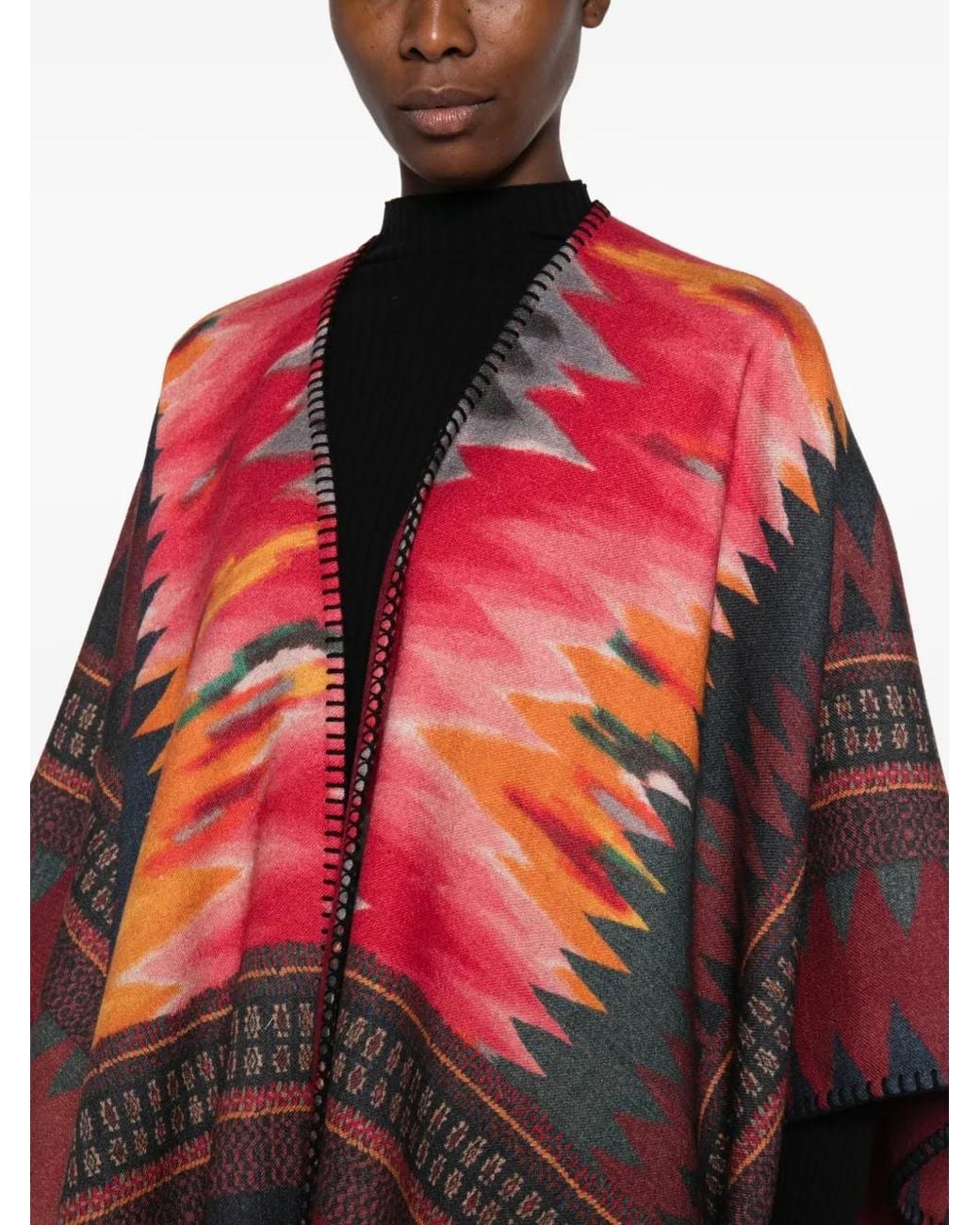 Pierre Louis Mascia Red Geometric-Pattern Blanket-Stitch Poncho