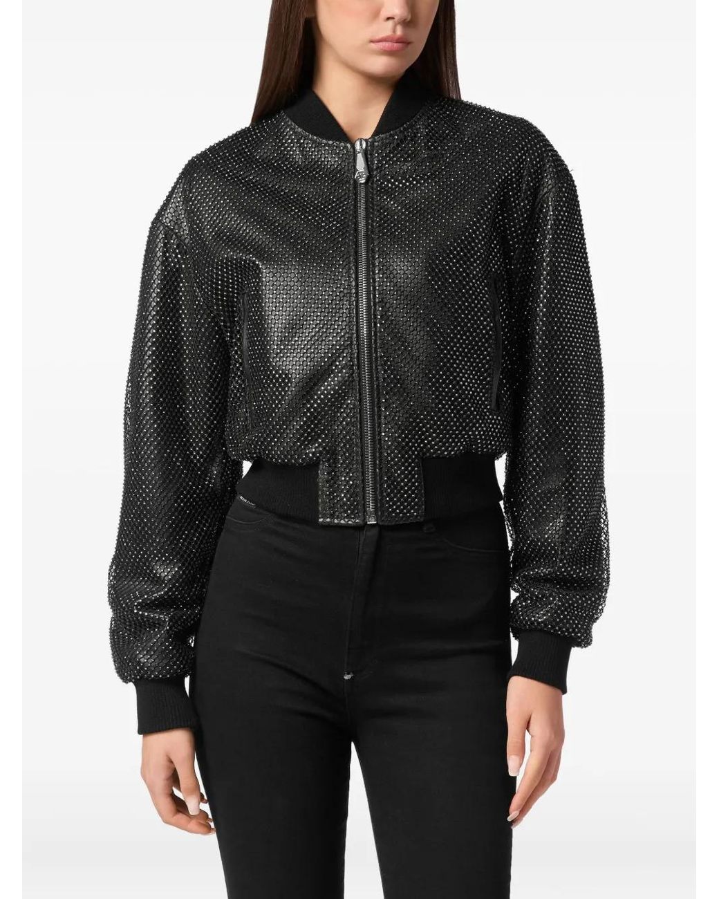 Philipp Plein Black Leather Crop Bomber Crystal