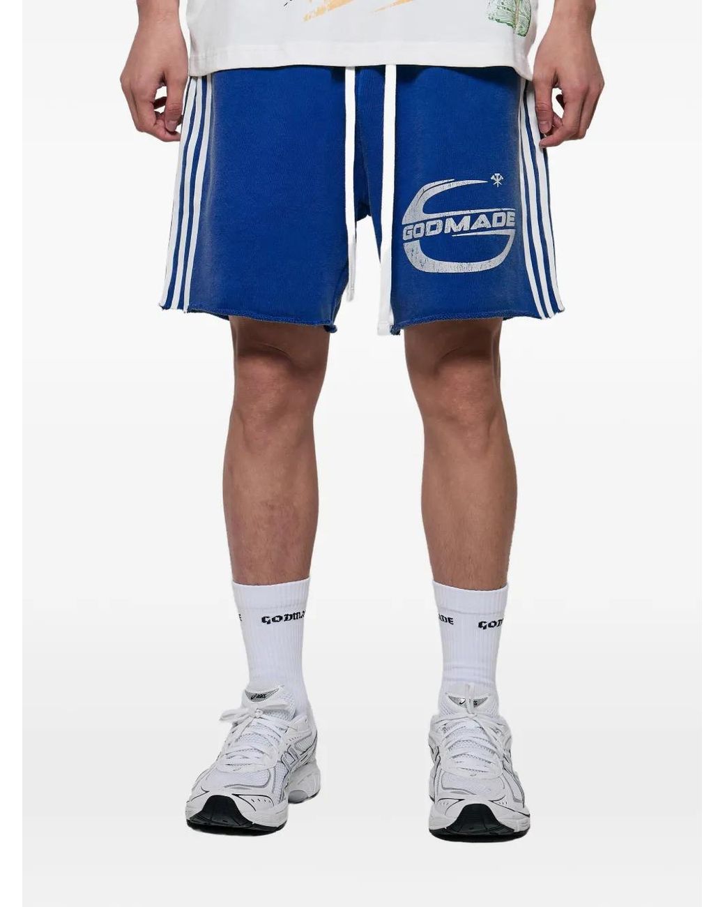 GODMADE Blue Imperial Logo-Print Side-Stripe Shorts for men