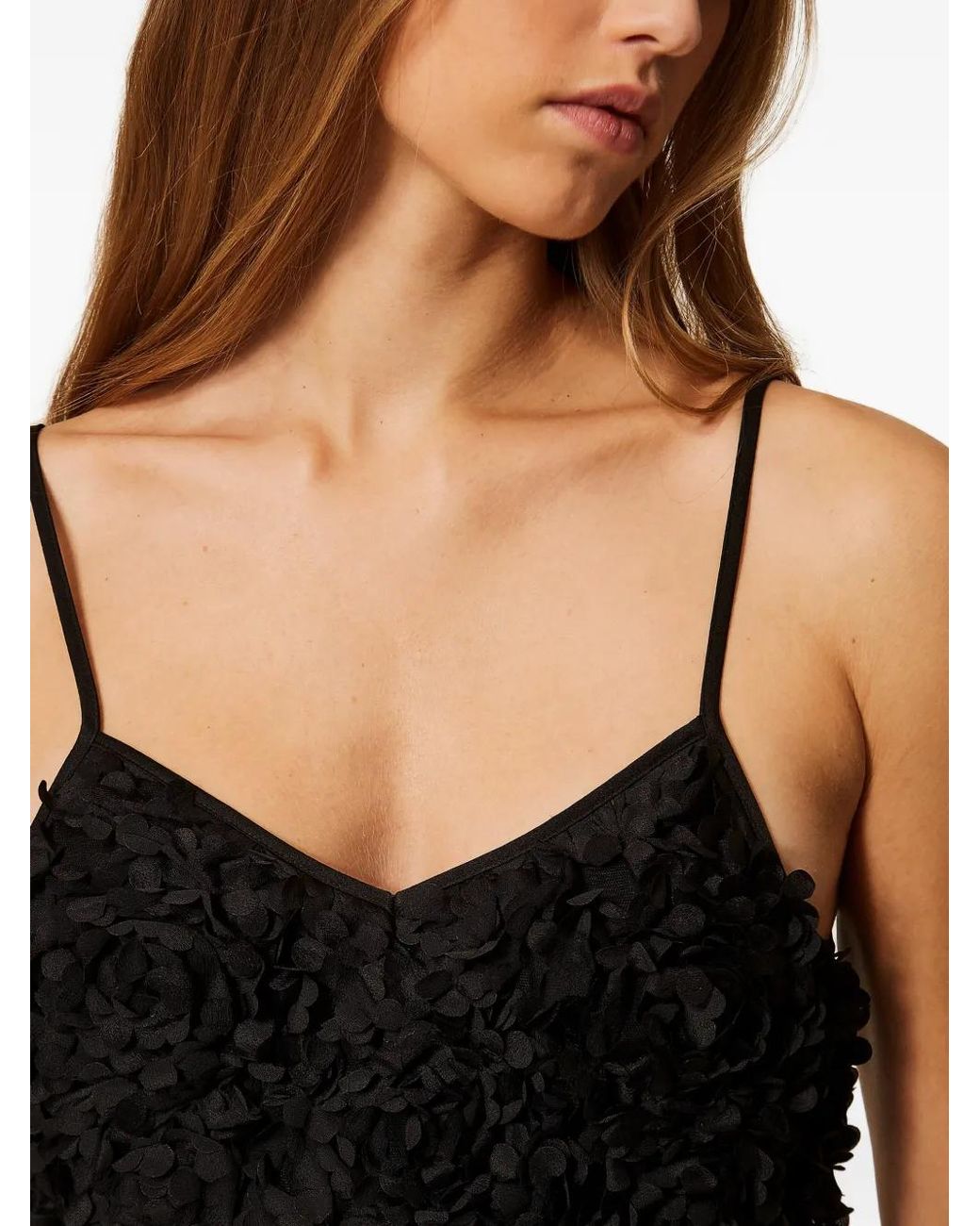 Twinset Black Crêpe De Chine And Tulle Top With Flowers