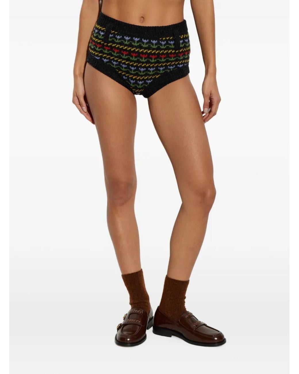 Marni Black Floral-Pattern Wool Mini Shorts