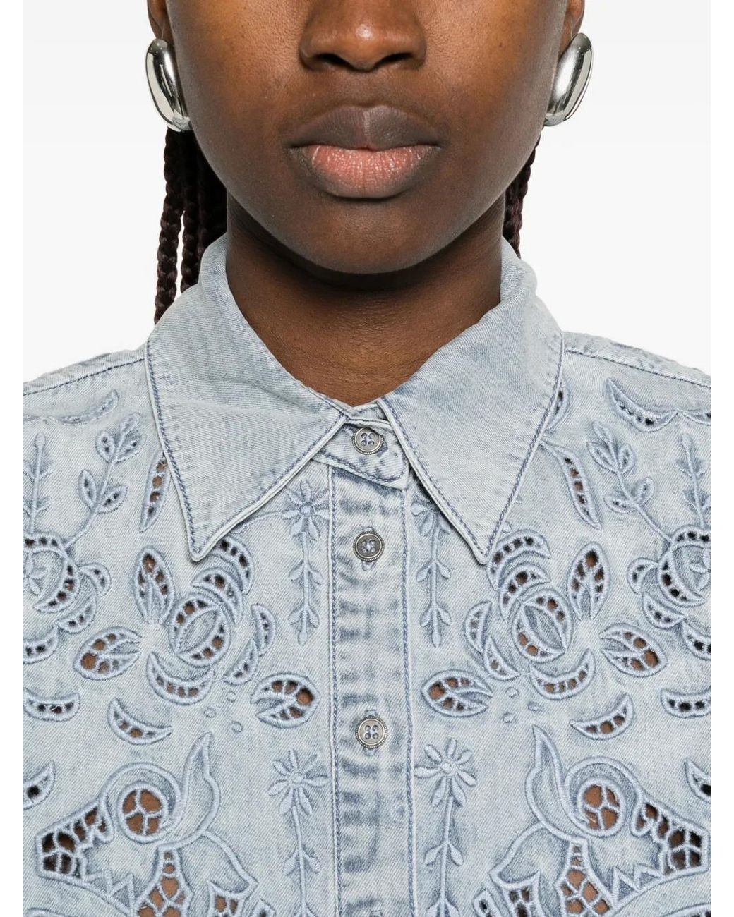 Alice + Olivia Blue Floral-Lace Button Shirt