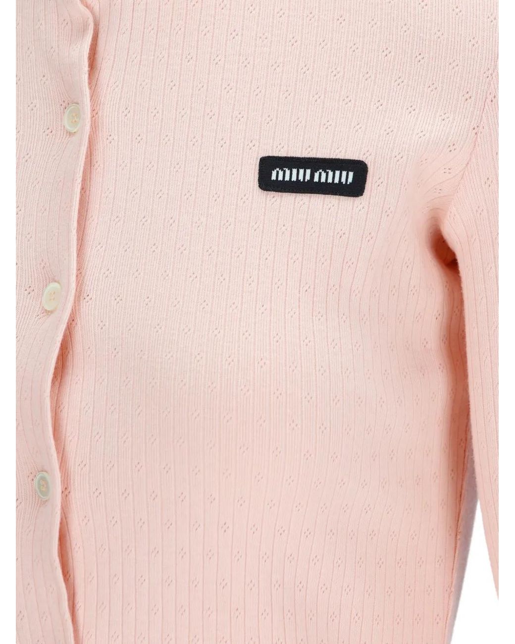 Miu Miu Pink Logo-Patch Pointelle-Knit Cardigan