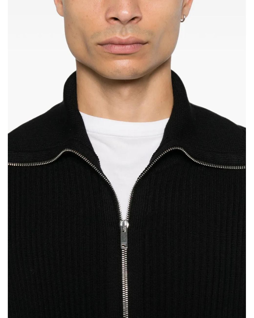 Zanone Black Ribbed-Knit Zip-Up Cardigan for men