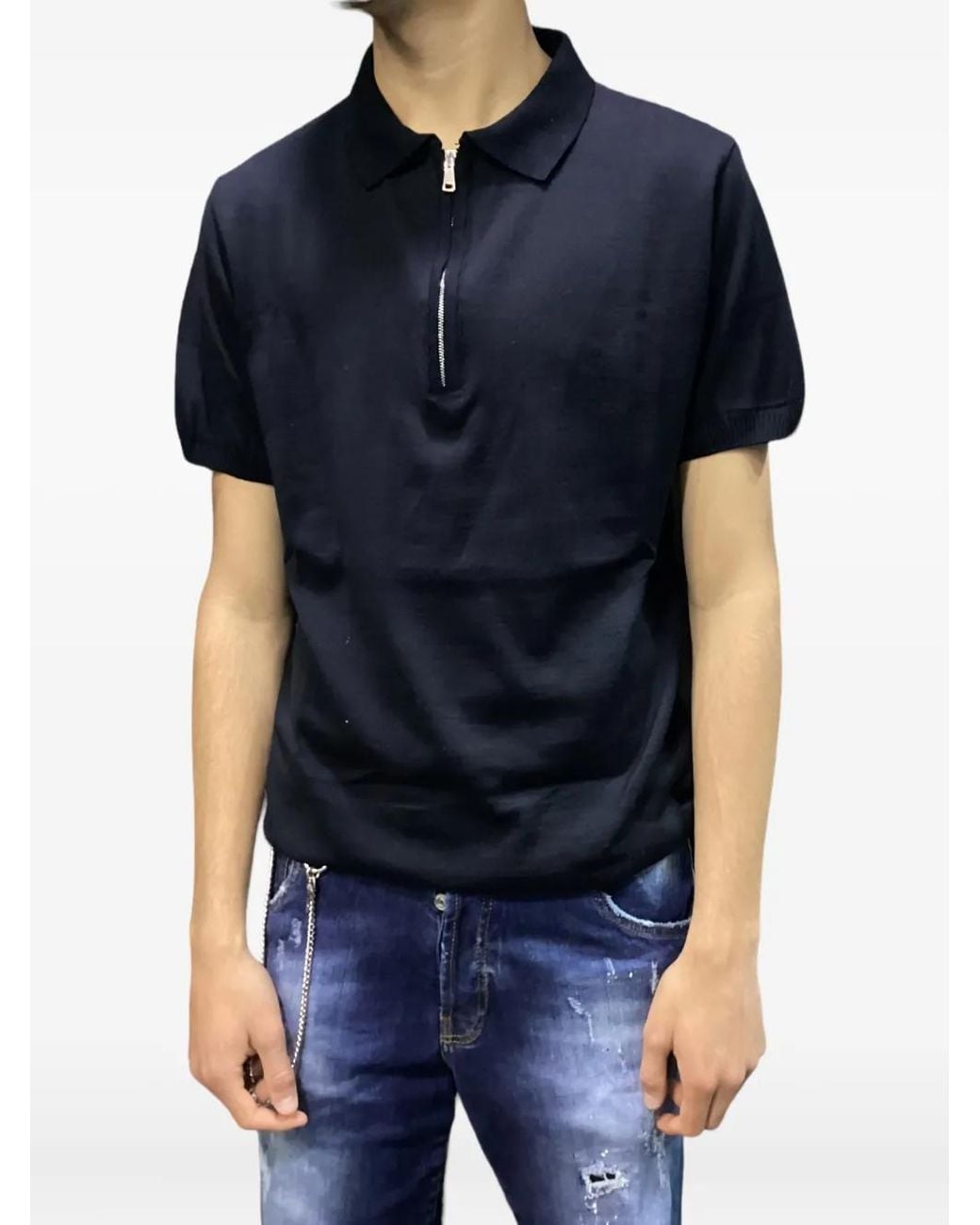 Yes London Blue Zip-Neck Polo Shirt for men