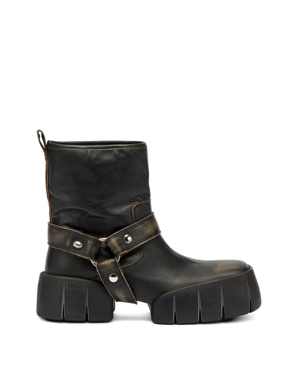 DIESEL Black Chunky Sole Leather Boots With Ankle Strap Detail for men