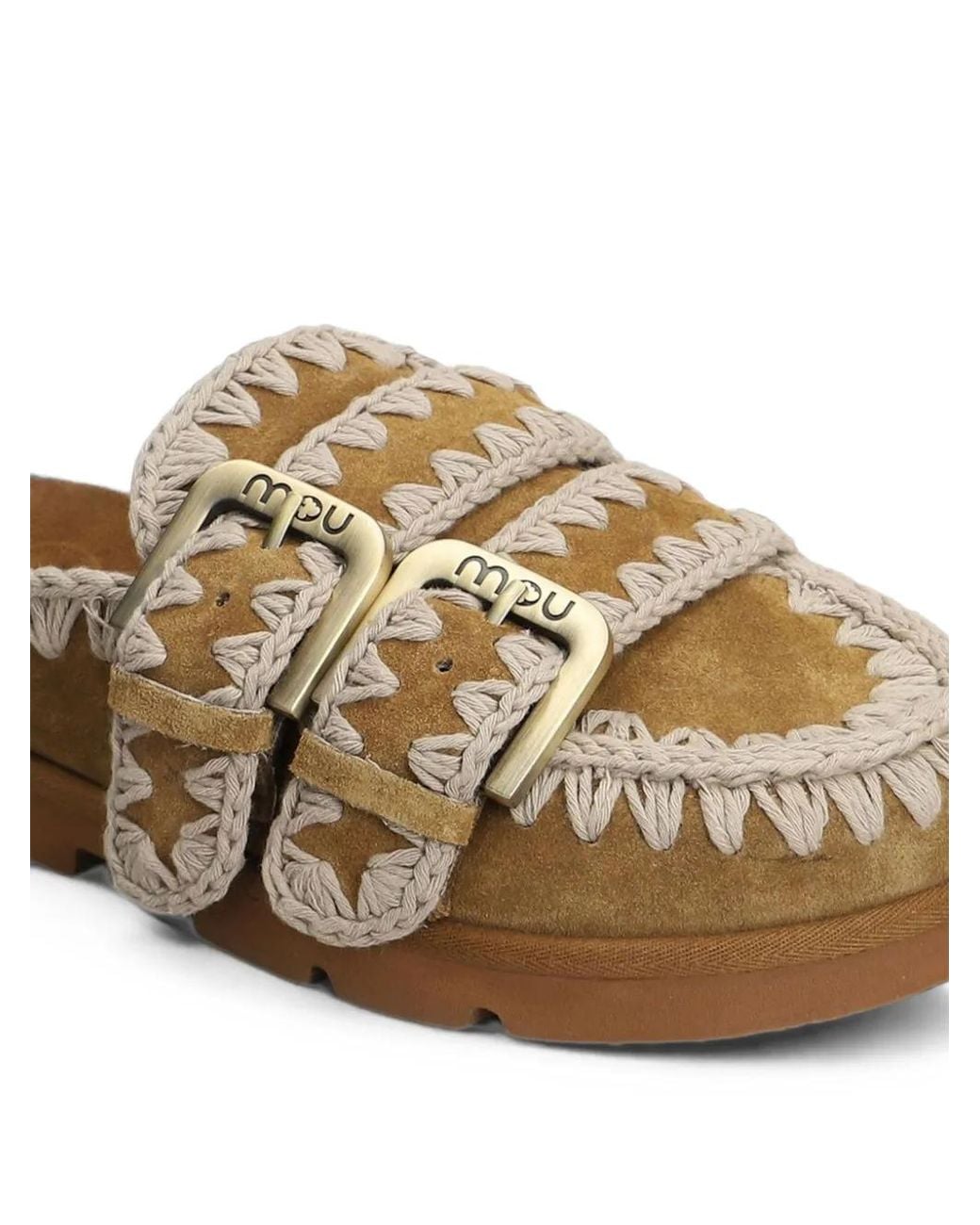 Mou Brown Crochet-Trim Buckled Sandals