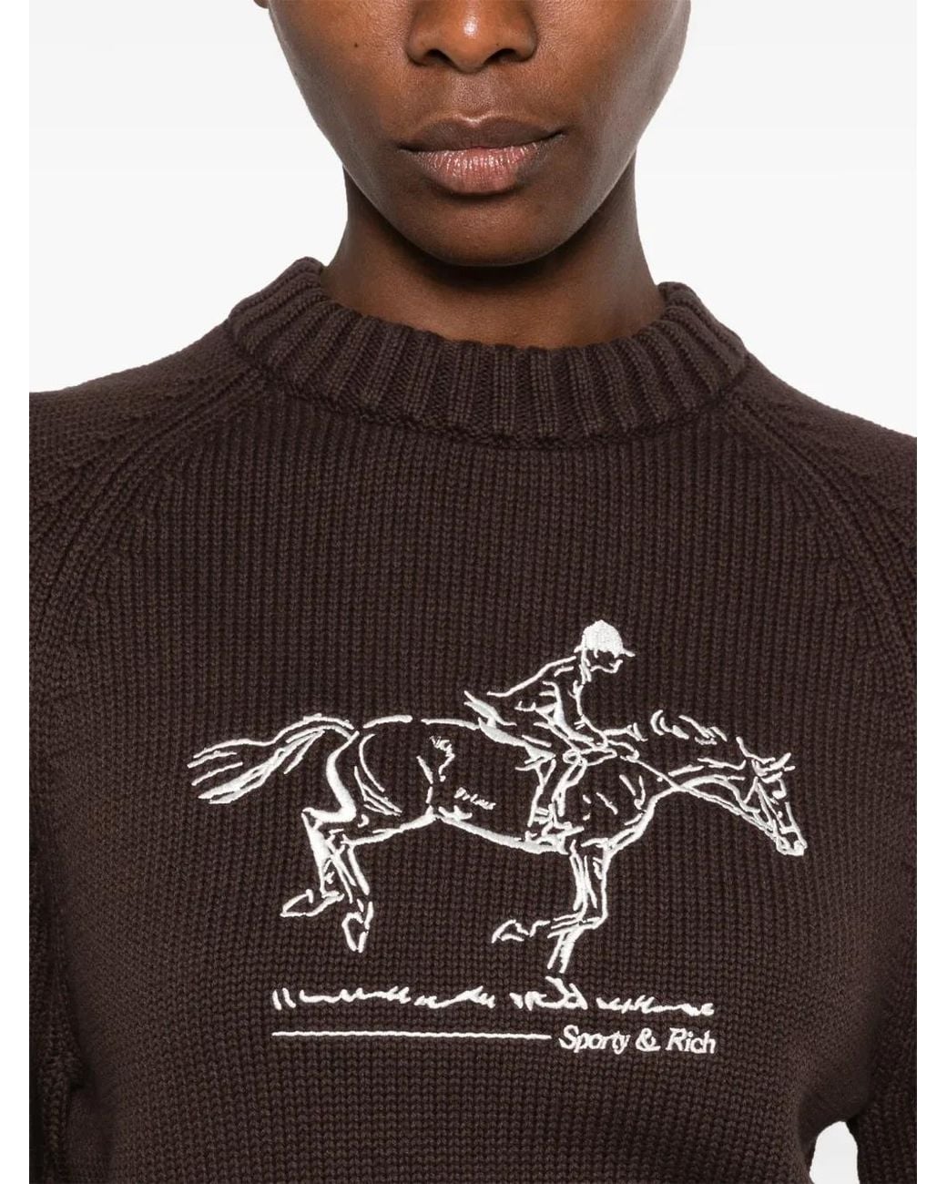 Sporty & Rich Black Equestrian-Embroidered Raglan-Sleeve Sweater