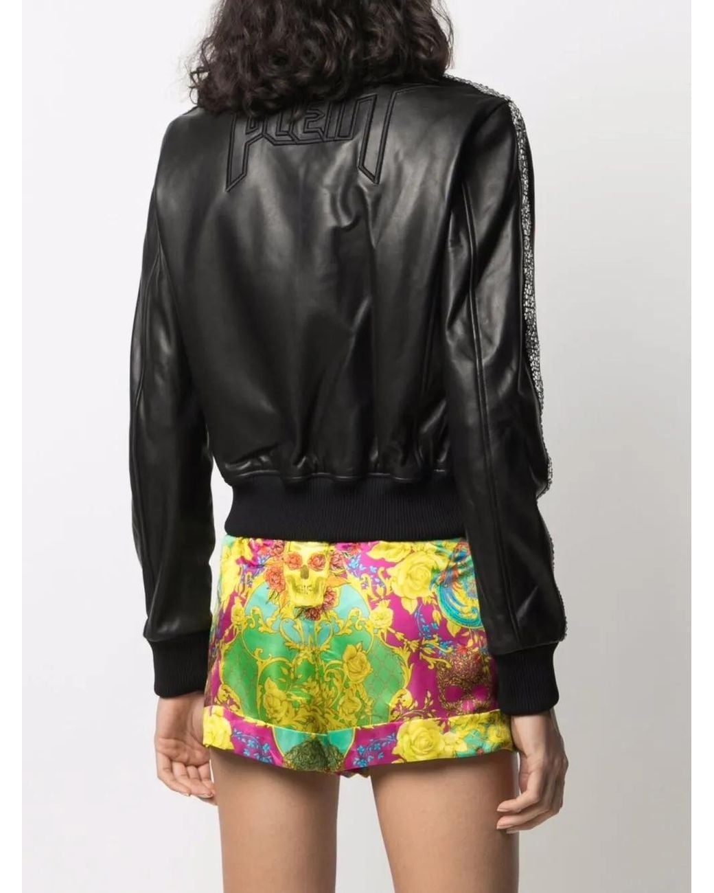 Philipp Plein Black Crystal-Embellished Leather Jacket