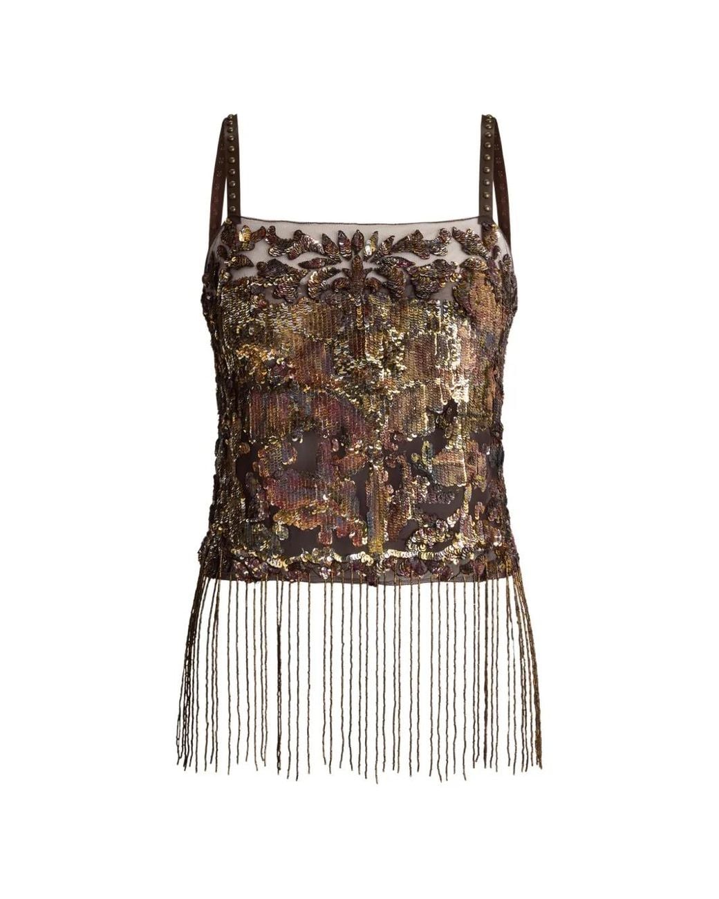 Ralph Lauren Brown Sonara Sequin-Embellished Fringe-Trim Top
