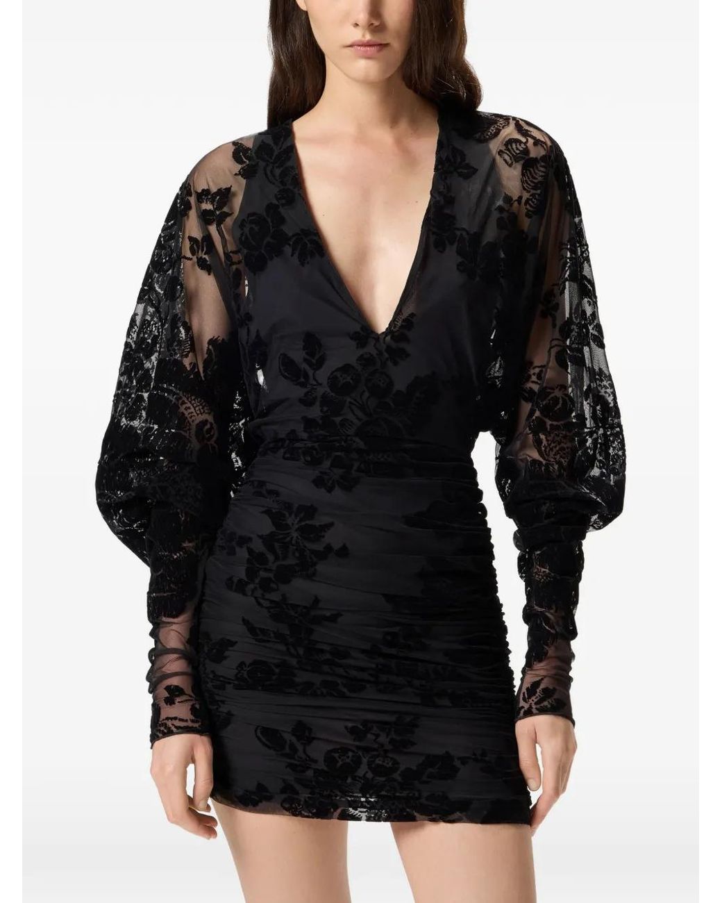 Pinko Black Mini Dress With Textured Floral Pattern