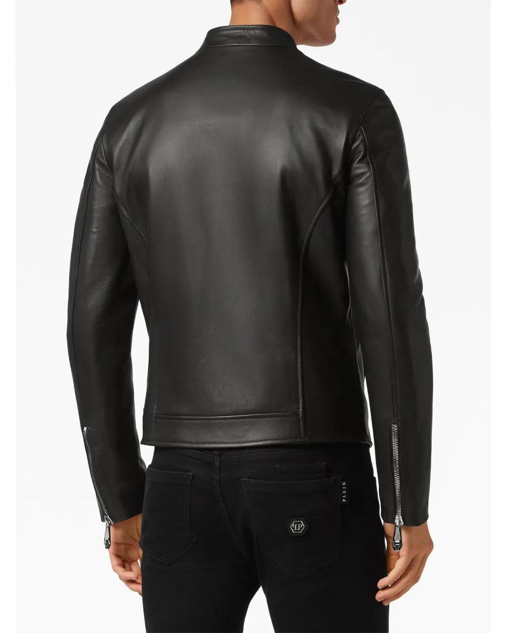 Philipp Plein Black Logo-Patch Leather Jacket for men