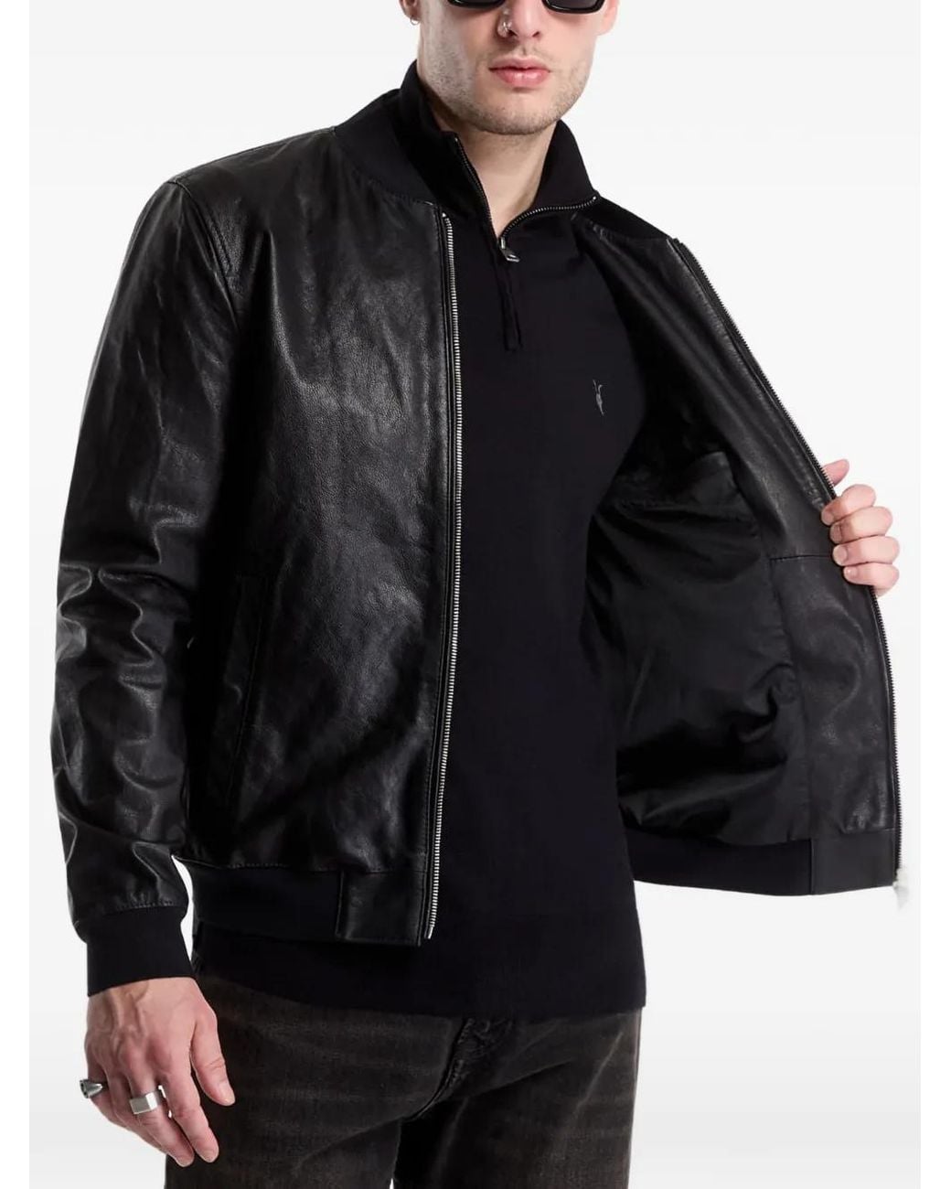 AllSaints Black Morten Goat Skin Bomber Jacket for men