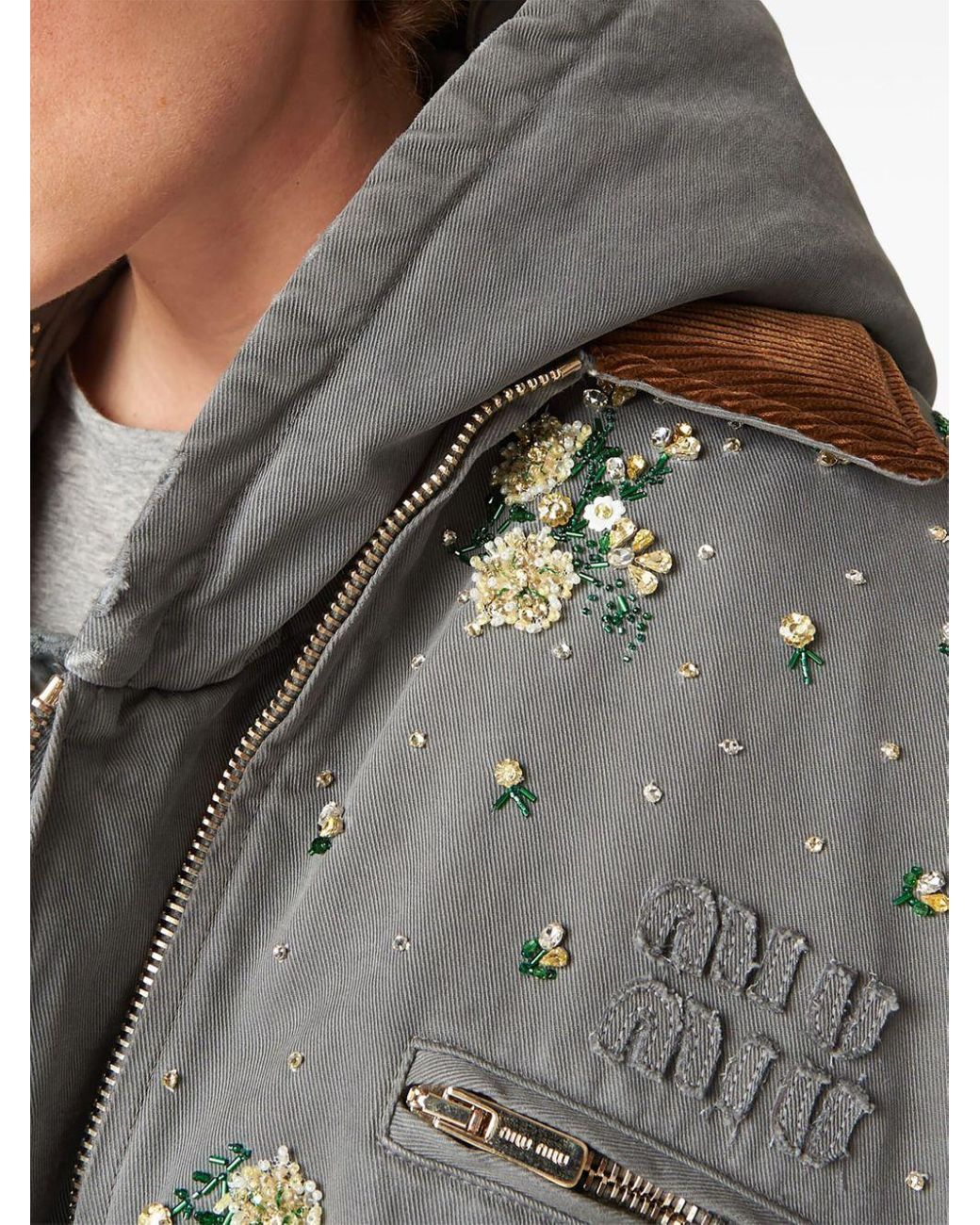 Miu Miu Floral-Appliqué Cotton Shirt Jacket in Gray | Lyst
