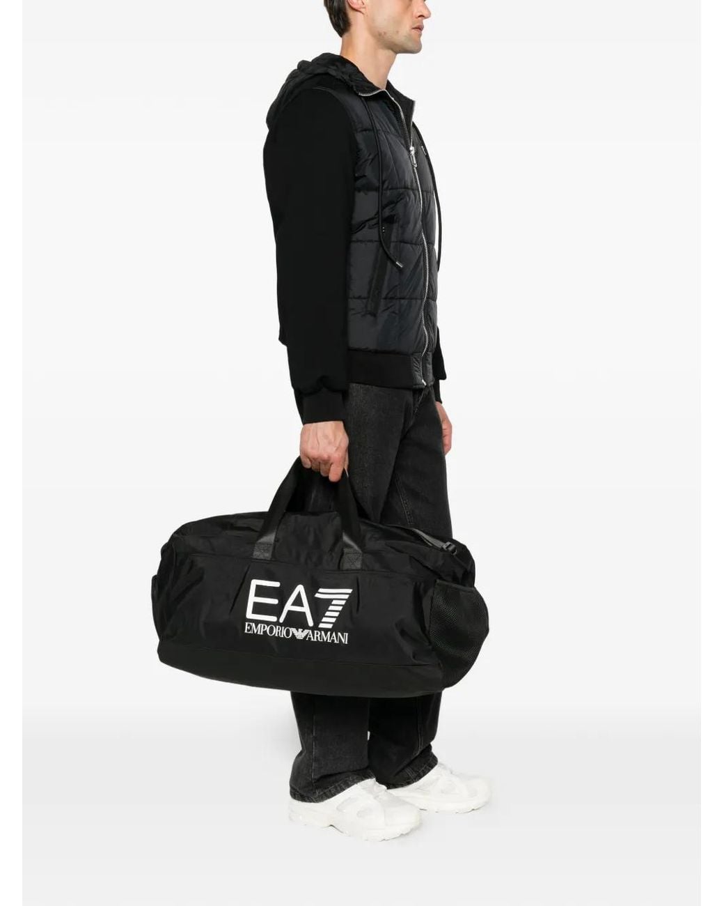 EA7 Black Logo-Print Holdall Bag for men